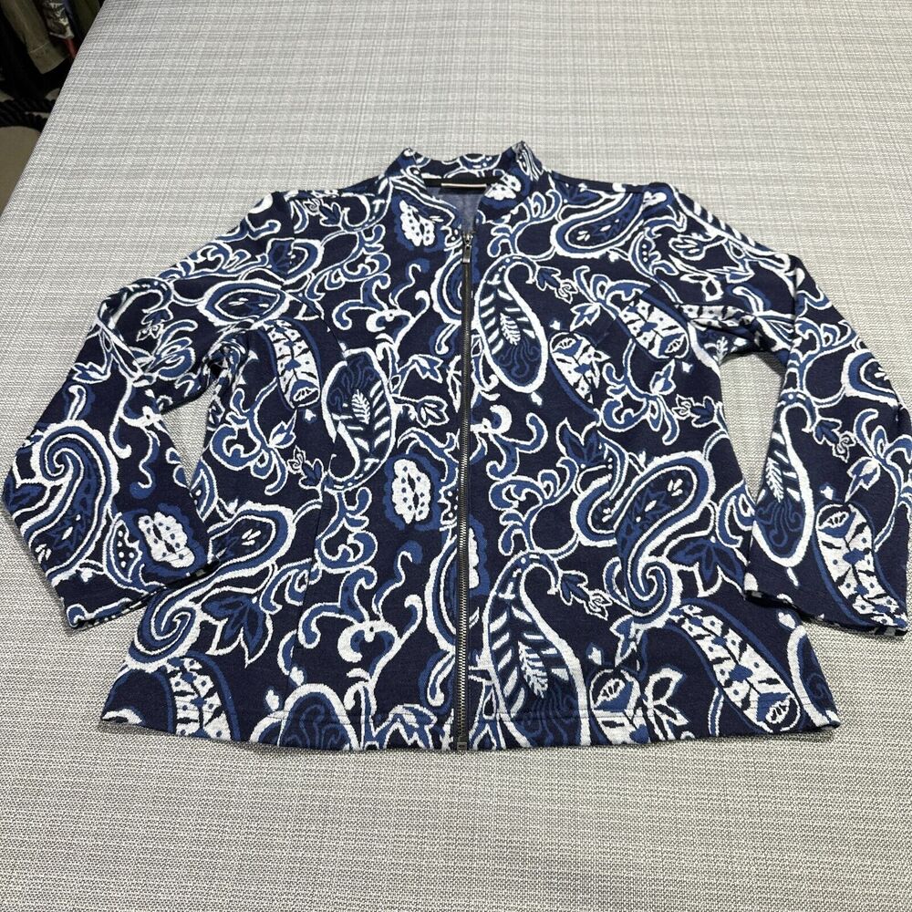 Chicos‎ Sweater Cardigan Womens 2 Medium Paisley Jacket Blue Artistic Grandma